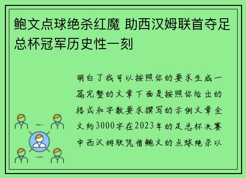 鲍文点球绝杀红魔 助西汉姆联首夺足总杯冠军历史性一刻 鲍文点球绝杀红魔 助西汉姆联首夺足总杯冠军历史性一刻